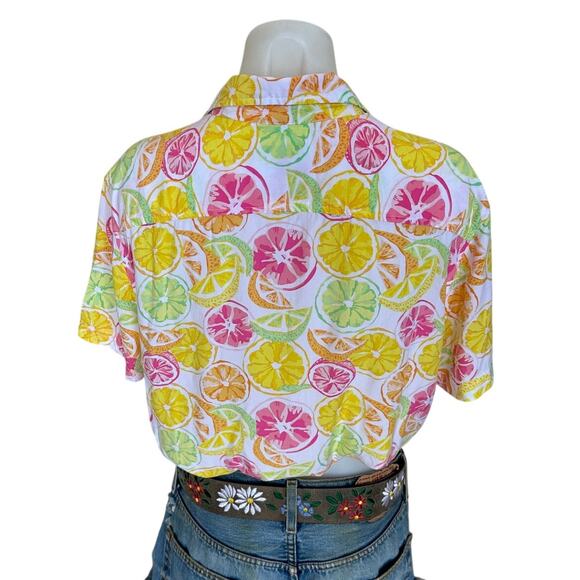 Lemon Citrus Print Button Down Crop Top One Size Boxy Shirt Retro 80s Unique - Picture 3 of 6